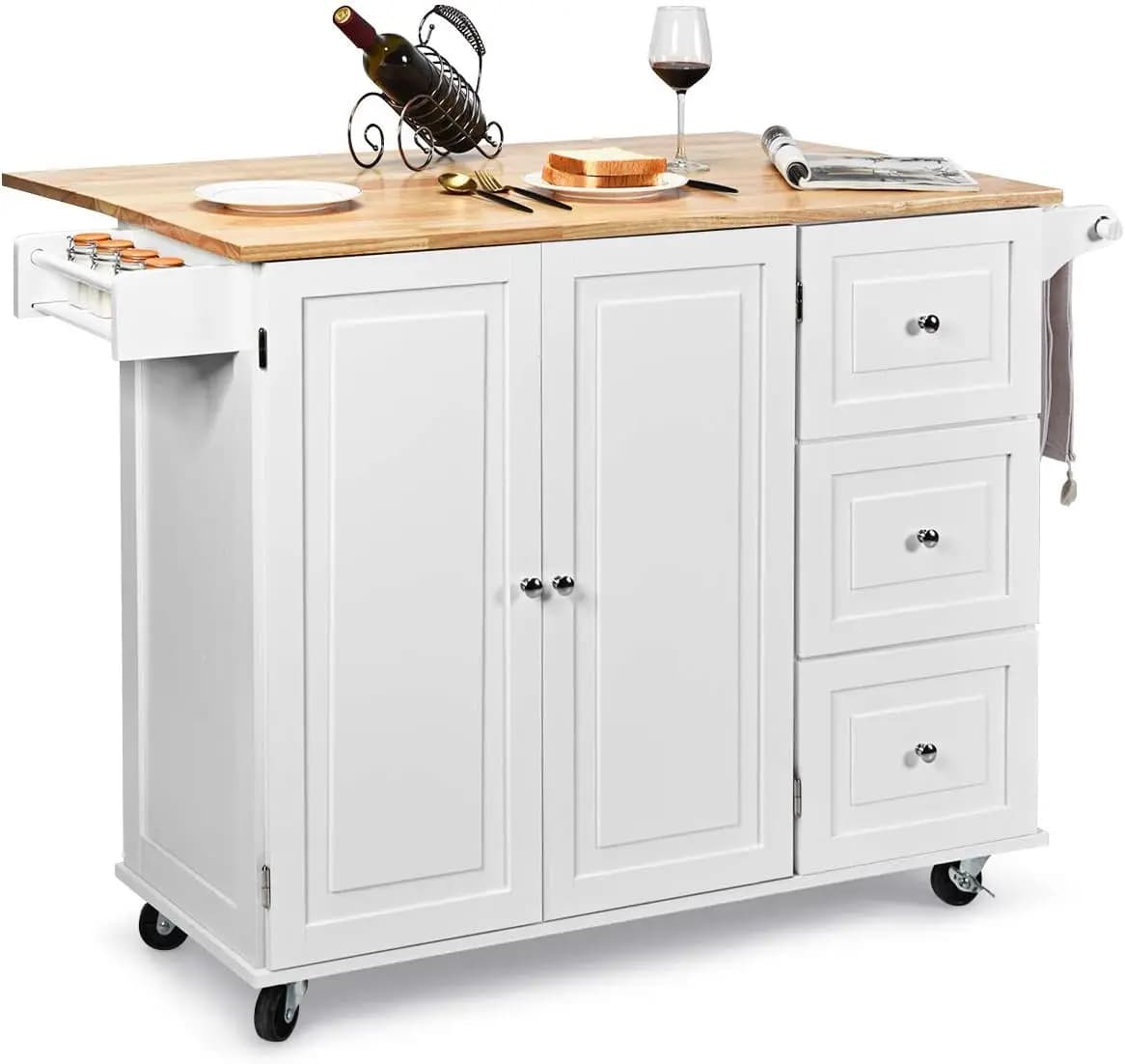 Kitchen Carts Rollable Kitchen Island with towel holder Wood Kitchen wardrobe serving trolley Kitchen Island Cart Microwave Cart