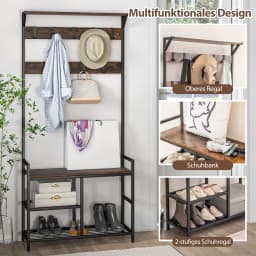 Coat rack with 9 hooks and shoe rack, 3 levels wardrobe, hallway wardrobe industrial design, dresses stand metal frame
