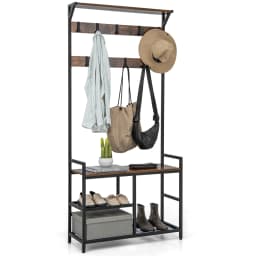 Coat rack with 9 hooks and shoe rack, 3 levels wardrobe, hallway wardrobe industrial design, dresses stand metal frame