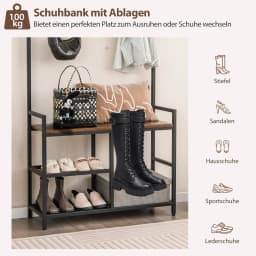 Coat rack with 9 hooks and shoe rack, 3 levels wardrobe, hallway wardrobe industrial design, dresses stand metal frame