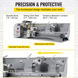 SucceBuy Mini Metal Lathe Machine 8.7x29.5 inch / 220x750MM 1100W Infinitely Variable Speed LED for Counter Face Turning Driling