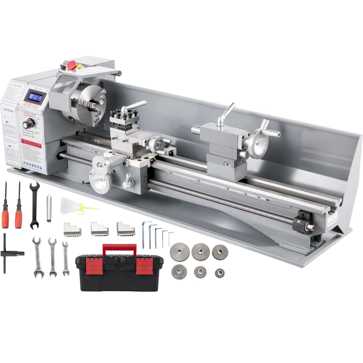 SucceBuy Mini Metal Lathe Machine 8.7x29.5 inch / 220x750MM 1100W Infinitely Variable Speed LED for Counter Face Turning Driling