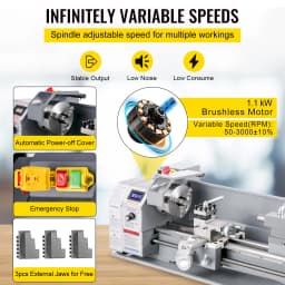 SucceBuy Mini Metal Lathe Machine 8.7x29.5 inch / 220x750MM 1100W Infinitely Variable Speed LED for Counter Face Turning Driling