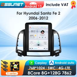 9.7inch 2DIN Android 13 Car Radio for Hyundai Santa Fe II CM 2006-2012 Multimedia Stereo VerticalScreen Carplay Panoramic Camera