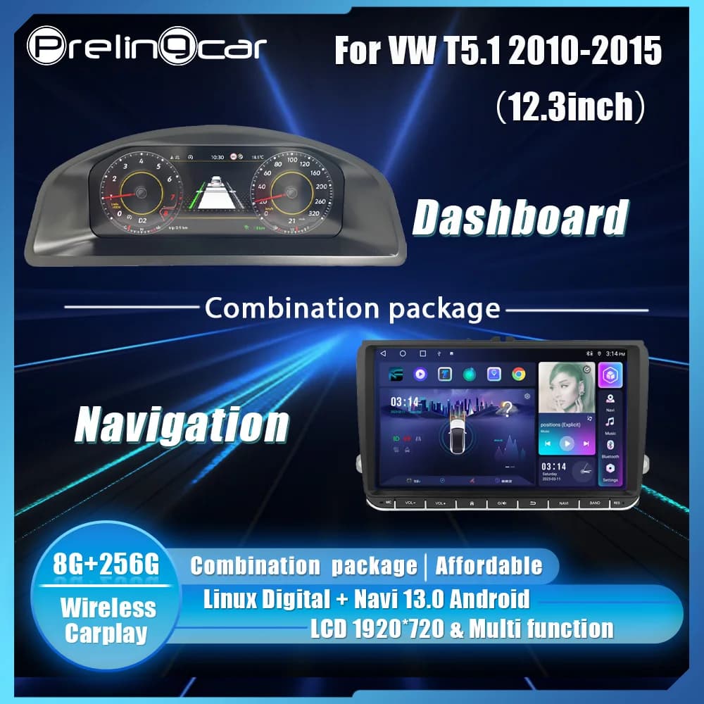 Prelingcar 12.3 inch Lcd Digital Cluster Dashboard For VW T5.1 T5.2 2010-15 Years Android Player Navigation Radio Paneel Cockpit