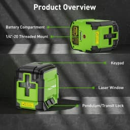 Huepar GK011DG 2 Lines Cross Line Laser Level Self-Leveling Horizontal & Vertical Level Germany Osram Green Beam With Bracket