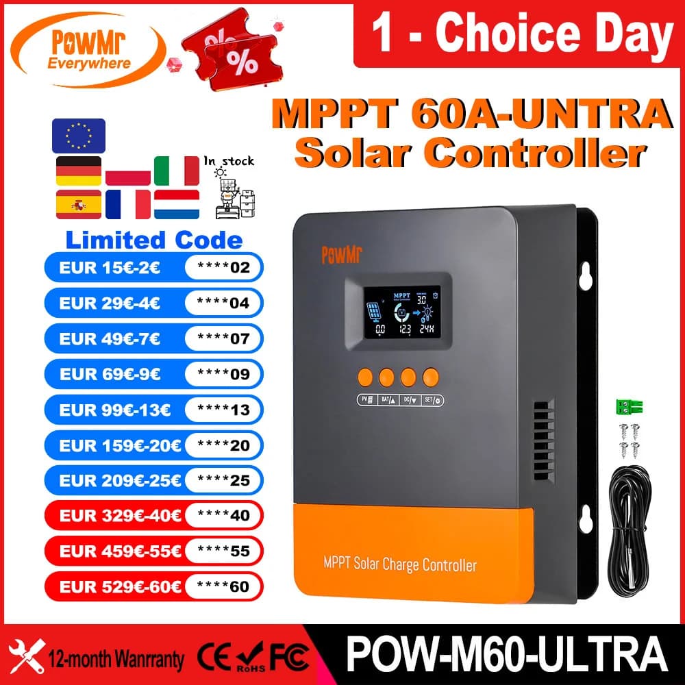 PowMr EU MPPT 60A Solar Charge Controller 12V 24V 36V 48V Plus DSP Regulator Work For Lifepo4 Battery V Solar Panel