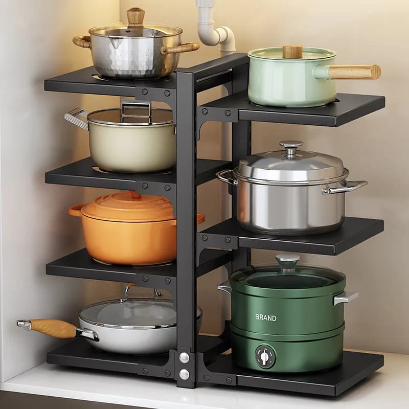 Kitchen under Sink Pot Holder Multilayer Frying Pan Rice Cooker Seasoning Storage Rack Adjustable Stainless Steel Organizer