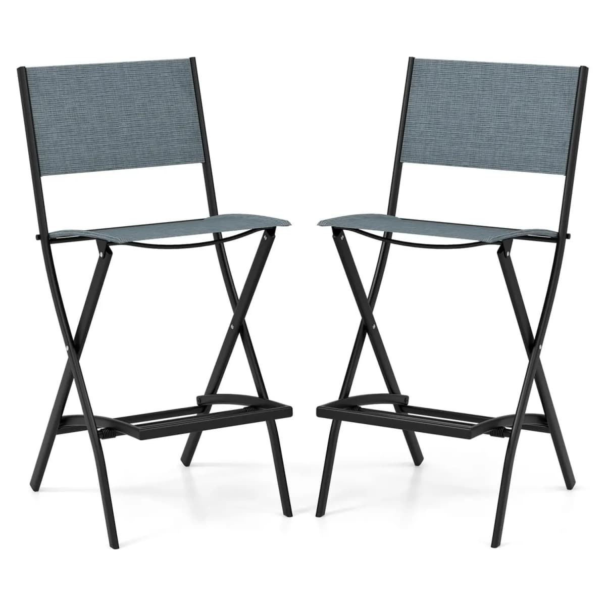 Set of 2 Outdoor Bar Stools, Folding Bar Chairs with Backrest and Footrest, Counter Stools up to 150 kg, Seat Height 71 cm
