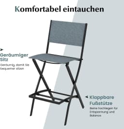 Set of 2 Outdoor Bar Stools, Folding Bar Chairs with Backrest and Footrest, Counter Stools up to 150 kg, Seat Height 71 cm