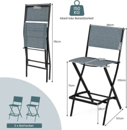 Set of 2 Outdoor Bar Stools, Folding Bar Chairs with Backrest and Footrest, Counter Stools up to 150 kg, Seat Height 71 cm