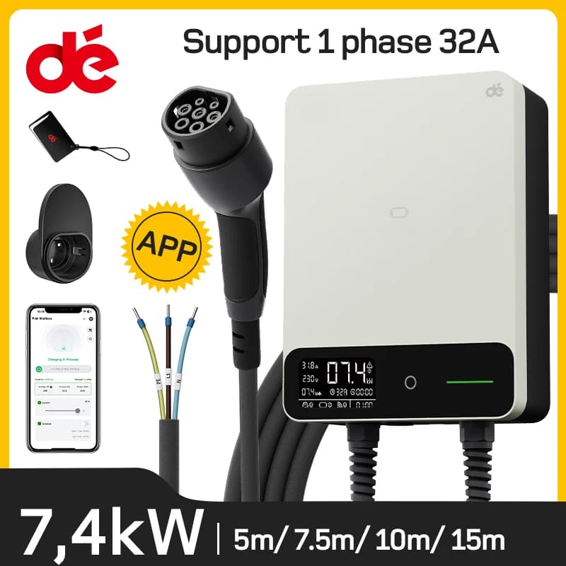 dé Wallbox 7kW White With APP 32A 1Phase Home Charging Station 5m 7.5m Type 2 Charging Cable EV Charger with Electricity Meter
