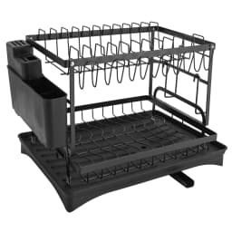 Dish Drainer Kitchen Countertop Dish Drying Rack Cutlery Holder with Spout and Draining Tray--Black/White