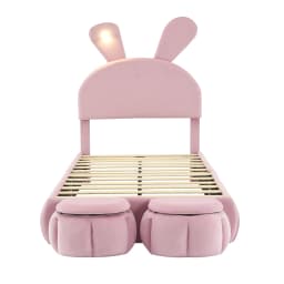 Children's Bed 90x200cm Upholstered Single Bed with Wooden Slats,Two Storage Stools,Rabbit Ear Design with LED Light,Velvet