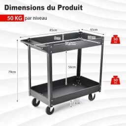 2 Shelves 50 kg Load Trolley, Metal Workshop Trolley with 4 Wheels & 2 Brakes, for Workshop Garage Home, 85x41x79 cm
