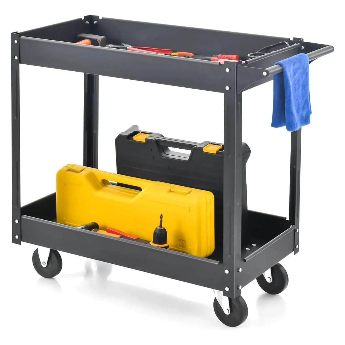 2 Shelves 50 kg Load Trolley, Metal Workshop Trolley with 4 Wheels & 2 Brakes, for Workshop Garage Home, 85x41x79 cm