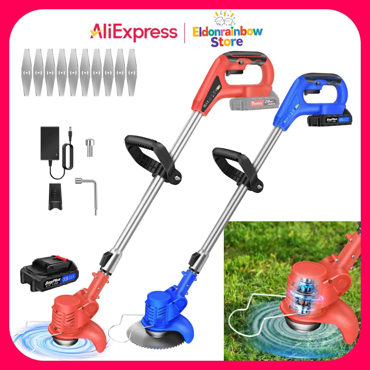 21V Cordless Grass Trimmer Electric Weed Eater, Adjustable Length Lawn Mower, Lightweight Battery Powered Grass Cutter for Garden Backyard Yard Weeding