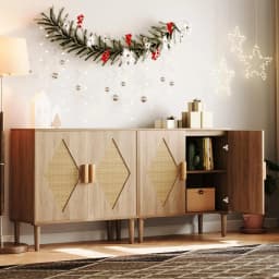 Kitchen Storage Sideboard with Woven Rattan Decorated Doors Liquor Coffee Buffet Cabinet for Living Room, Kitchen, Entryway