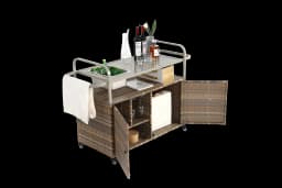 Outdoor Bar Table, Wicker Bar Cart with Cabinet, Patio Serving Cart with steel Top, icebucket, Side Basket, Lockable Wheels