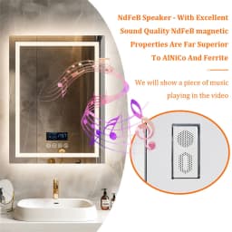 Smart LED Bathroom Mirror Rectangle Wall Mount Mirror w Bluetooth Speaker,Time,Temperature,Light Memory,Front & Backlit,Anti-Fog