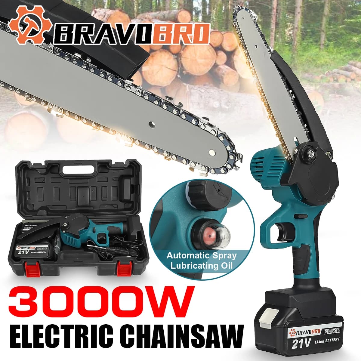 8 Inch 3000W Electric Saw Automatic Oiler Handheld Garden Pruning Chainsaw With Oil Pot Woodworking Tool for 18V Battery