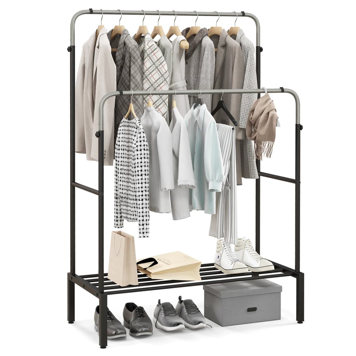 Dresses stand with 2 dresses bars, coat rack stand double with adjustable heights, freestanding metal coat stand