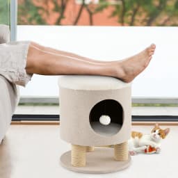 3-in-1 Multi-Purpose Cat House with Scratching Post, Plush Ball, Converts to Stool, Poof's Cat Bed, Beige