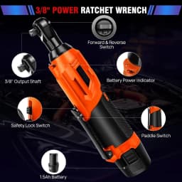 Electric Cordless Right Ratchet 3/8'' 90°Angle Wrench 200N.m Torque Impact with LED Work Light+7pcs Sockets Tool Kit,2xBattery