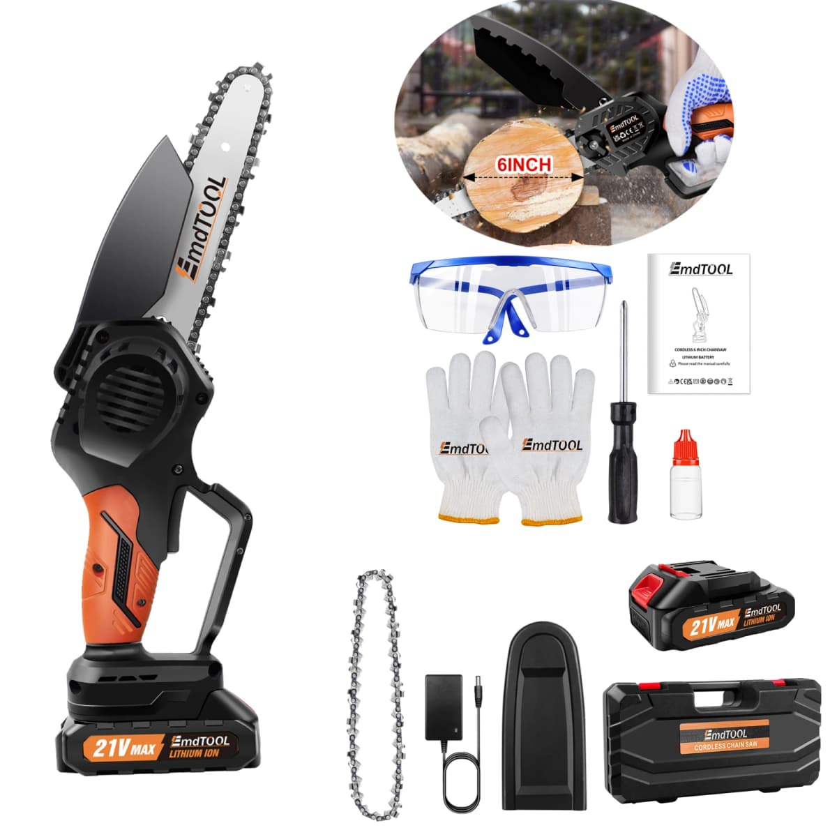6 inch Cordless,21V Battery Powered Chain Saw for Branch Pruning with 2 Chains,for Wood Cutting Tree Trimming,Orange