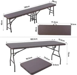 Outdoor Furniture Set Foldable Table and 2 Benches for Camping Patio Dining Table 180cm, HDPE Panel, Waterproof, w/ Steel Frame