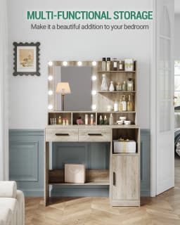 Dressing Table with Mirror and 10 LED Lights, with 2 Drawers & 1 Cabinet, 3 Shelves & 4 Open Compartments