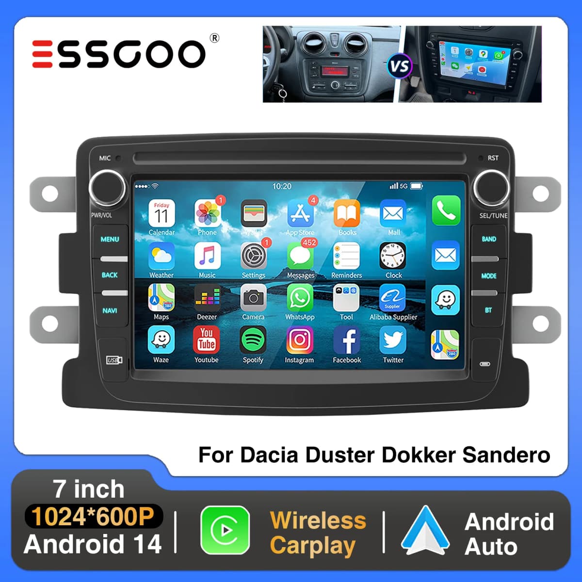 ESSGOO Android 14 Carplay Car Stereo Radio For Renault Dacia Duster Sandero Dokker Logan Lodgy Captur GPS SAT NAVI WIFI RDS BT