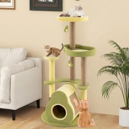 Wooden Cat Scratching Post, Avocado Design, Cat Tree with Platforms & Cat Cave & Toy & Care Brush & Scratching Board, Cat