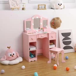 Children's Dressing Table Girls Vanity with Tri-Folding Mirror Open Storage Shelves Makeup Playset with Chair for Toddlers Kids