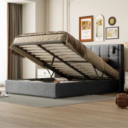 Creahappy Double Bed - 160 x 200 cm Upholstered Bed with Reading Lights, Hydraulic Bed, Storage Function, Slatted Bed Base