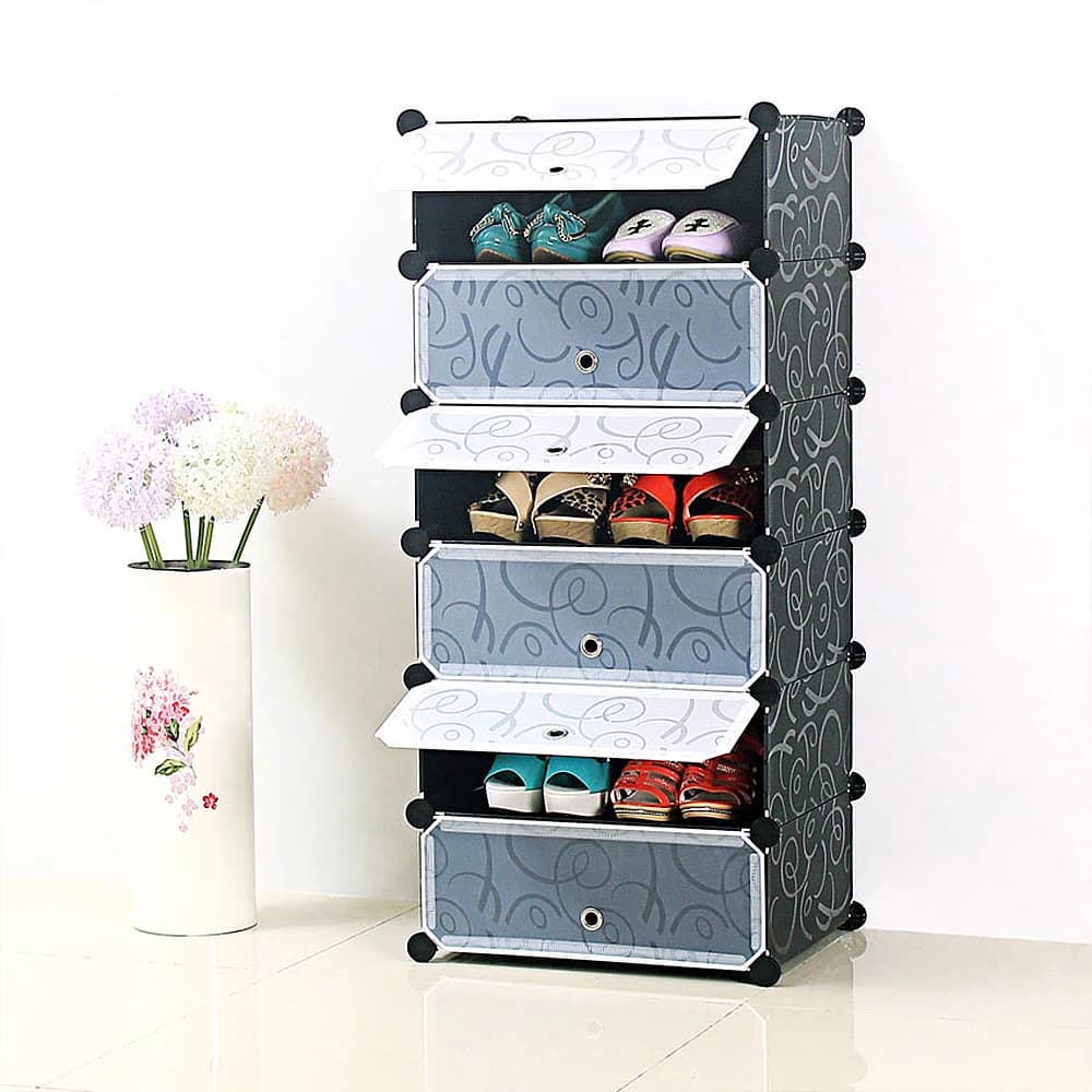 Shoe Rack, Plastic Shoe Cabinet, Storage With Door, Dust and Water Resistant, 6 Compartments for 12 Pairs of Shoes, Black