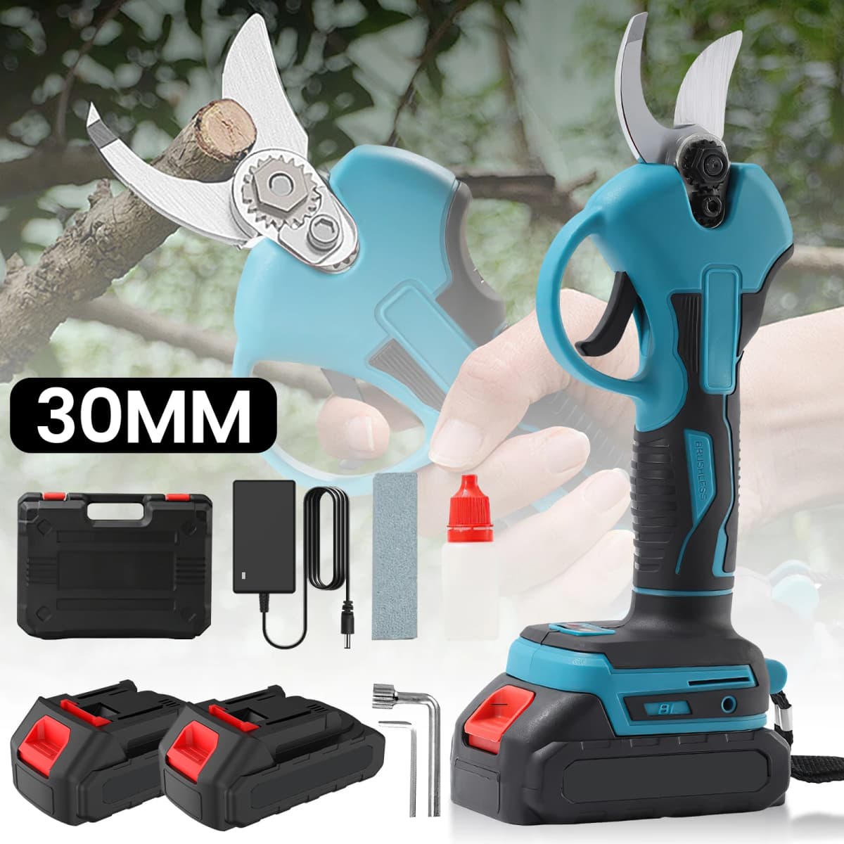 30MM Electric Brushless Pruning Shears Cordless Electric Pruning Battery Powered Tree Branch Pruner Electric Garden Scissors