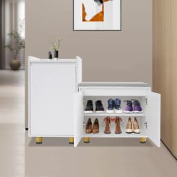 Modern White Shoe Cabinet Set, Floor Standing Storage with Seat & Raised Guardrails, 275lbs Capacity