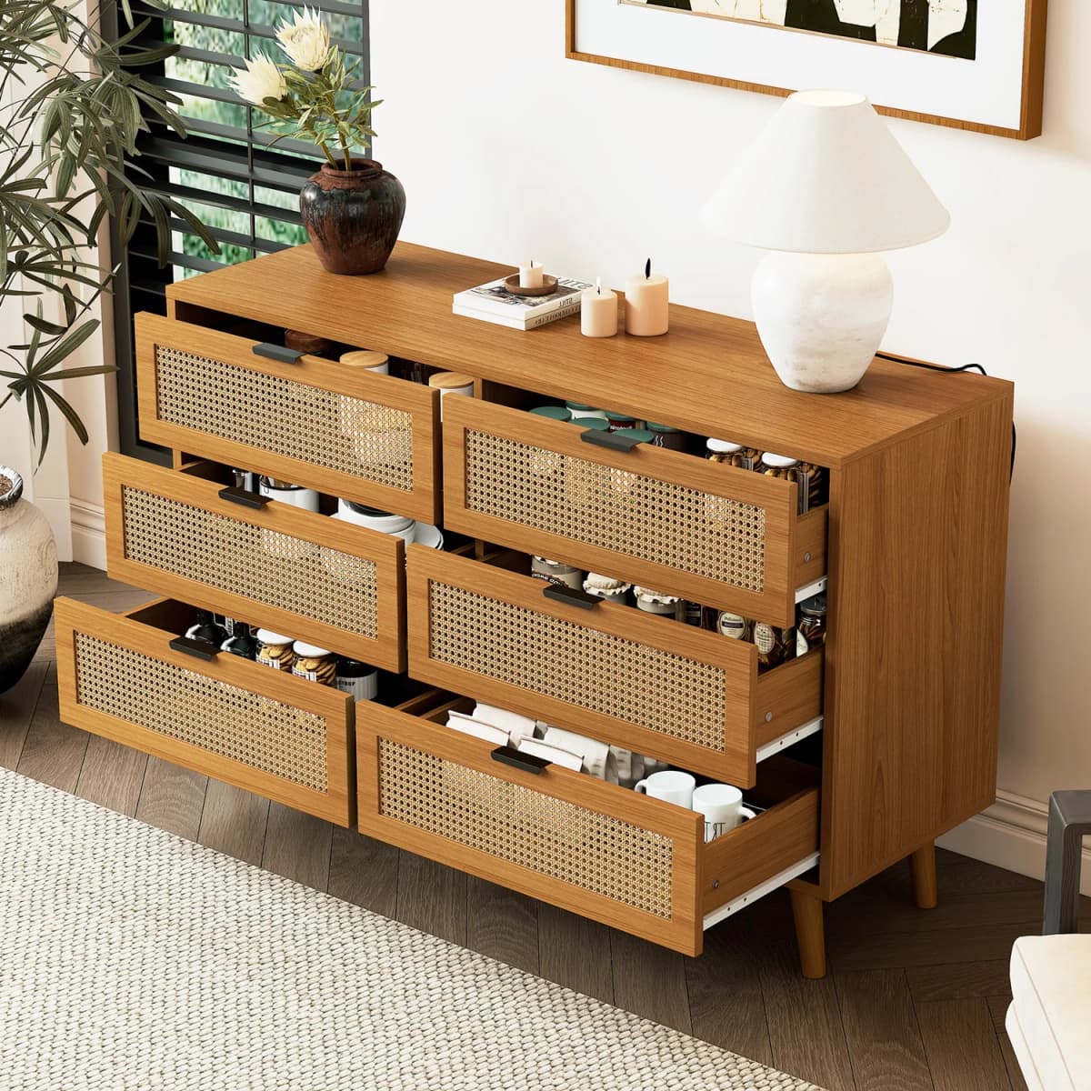 Neoclassical Sideboard with 6 Drawer Highboard Cabinet Large Storage Space, Rattan + Wood, for Bedrooms, Living rooms