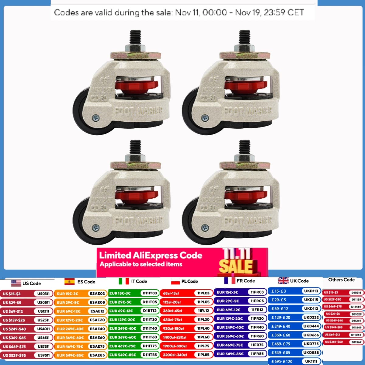 4Pcs Leveling Casters W/ 360 Degree Swivel Heavy Duty for Industry Equipment Workbench Shelves GD-60S