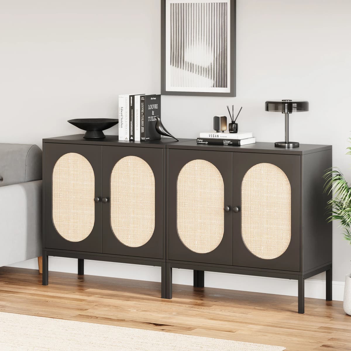 Buffet Cabinet, Rattan Storage Cabinet with Doors and Shelves, Accent Cabinet Sideboard, Wood Console Cabinet with Storage for R