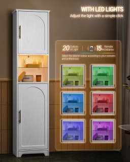 Bathroom Cabinet with LED, Storage Cabinet with Two Cabinet Doors, Adjustable Shelves, White