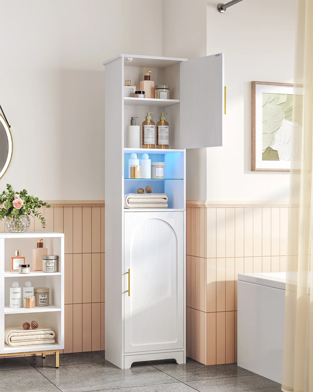 Bathroom Cabinet with LED, Storage Cabinet with Two Cabinet Doors, Adjustable Shelves, White
