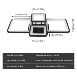 Modern LED Ceiling Light, 54W Dimmable Ceiling Light with Remote Control 3000K-6500K, Creative Rectangular Design Ceiling Lamp