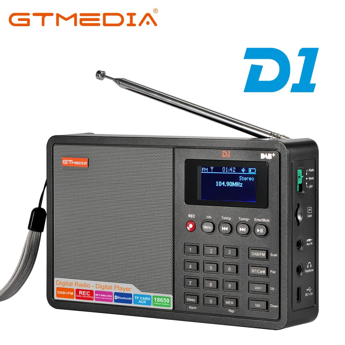 Portable Radio DAB+/FM+BT/Card/AUX Support BT TF Card Digital Player Support Clock/Alarm/Sleep Timer with Time GTMEDIA D1