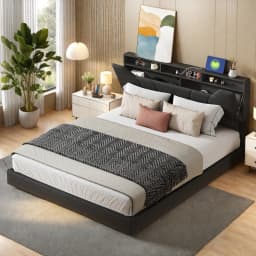 Rosahqnda Upholstered Double Bed 140-160*200cm Adjustable Storage Headboard Functional Bed Hydraulic Storage Bed Frame PU Black