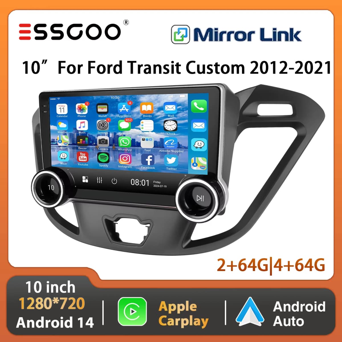 ESSGOO 10" Android 14 Car Stereo Radio For Ford Transit Custom 2012-21 Carplay Android Auto GPS Navi FM WiFi BT RDS Mirror Link