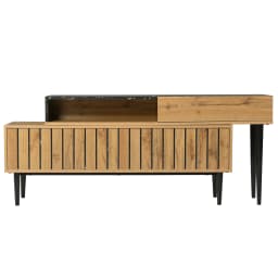 Modern TV Cabinet Stand with Marble and Wood Grain Design, PVC Edge, Iron Legs, Dark Wood Color, Home Decoration, Space Saving
