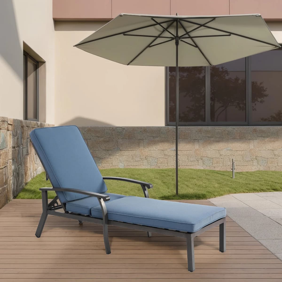 Lounge Patio Chair with Cushion, Adjustable Reclining Rust-Resistant Aluminum Poolside Chaise Lounge Furniture, Waterproof(1pc)