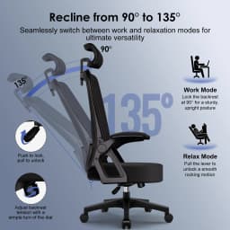 AUTHMIC Office Chair - Foldable Armrests, Reclining Backrest, Adjustable Headrest, Adjustable Lumbar, Max 150kg, Desk chair